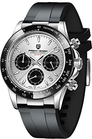 Pagani Design herrklocka, multifunktionell, herr, sportklocka, kvarts kronograf, Japan, VK63, rörelse, armband, rostfritt stål, automatiskt datum, vattentät, 100 m, Vit Kc-1664, rem