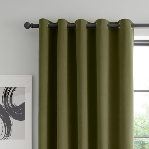 Catherine Lansfield Wilson Velvet Blackout Thermal 46x90 Inch Eyelet Curtains Two Panels Olive Green