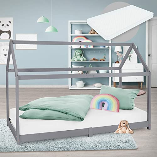 ML-Design Barnsäng 90x200 cm ljusgrå med madrass, tak och lamellram, hussäng för tjejer och killar, barnhus av furu, stabil ungdomssäng, massivträ barnsäng, sänghus leksäng