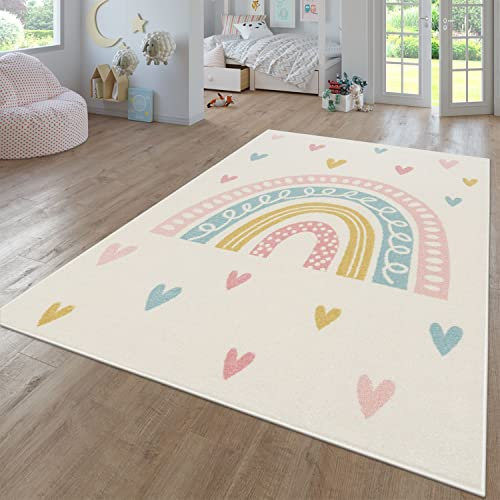 TT Home Alfombra De Habitacion Bebe Infantil Niña Niño De Juego Moderna Arcoíris Nube Motivo Animal Colorido, Color:Crema4, Tamaño:120 cm Redondo