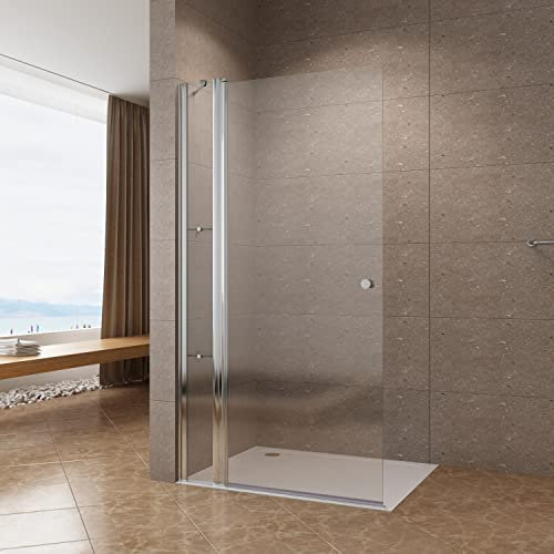 Duschabtrennung Duschwand Glas 95 x 197 cm Walkin Dusche Duschtür rahmenlos Drehtür Schwingtür mit Festteil und Eckregale begehbare Dusche Glaswand Echtglas 6 mm Nanobeschichtung | ohne Magnetprofil
