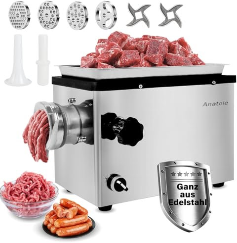 Anatole Tritacarne Elettrico Professionale 1100W Acciaio Inox Integrale Macchina per Salsicce Multifunzionale 6/8/10mm/3-Fori Piastre di Macinazione 1 Insaccatrice per Salsiccia 2 Lame 220V