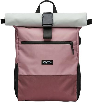 Ela Mo Rucksack Damen - Rolltop schön u. durchdacht - Laptop Rucksäcke für Frauen - Anti Diebstahl Tasche für Schule, Uni, Business (Strawberry Cream)