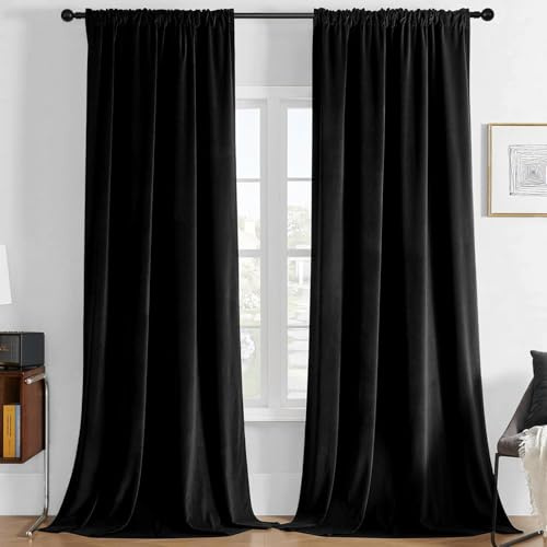 Joydeco Cortinas Salon de Terciopelo Térmicas 2 Piezas, Opacas y Aislantes, para Dormitorio Moderno (132x245cm, Negro)