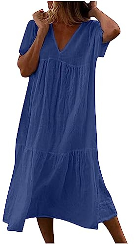 Vestidos Verano Mujer 2024,Corte Suelto Vestido Mujer con Cuello en Pico Moda Color Solido Vestido Largo Verano Mujer Plisado Vestidos Playeros de Manga Corta Informal Maxi Vestidos