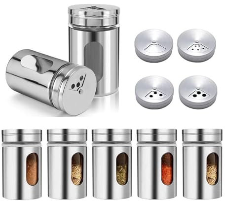 NIYATA 8 spargere spezie, in acciaio inox, rotondi, barattoli per spezie, 8 cm di altezza, 3 misure, con 1 spazzola per la pulizia in spugna, organizer da cucina, per spezie e barattoli di erbe