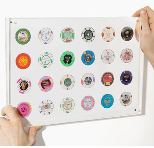 Casino Chip Display Holder for 24 Chips or Coins | Wall Mounted Display Case for Poker Chips - Clear Acrylic Display Frame for Collectors Gamblers, for Gambling or Poker Friends