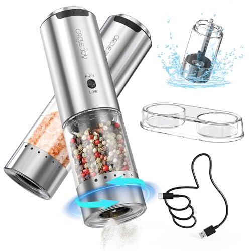 CIRCLE JOY Ensemble de Moulin à Sel et Poivre Électrique Rechargeable Moulin à Épices avec Base, Récipient de 95ml, Lumière LED Blanche, Grosseur Réglable par L'extérieur et 2 Vitesses de Mouture