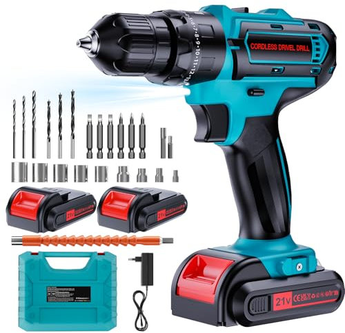 Olubfdh Taladro Percutor a Bateria 21V, Sin Escobillas Taladro Atornillador Bateria, Atornillador Electrico 45N.m con 2 x Baterías 2.0Ah, 25+3 Ajuste de Par, 28 Accesorios, 2 Velocidad Para Bricolaje