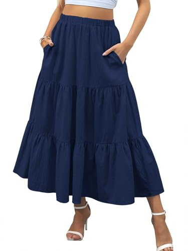 Zeagoo Jupe Femme Élégante Taille Haute Jupe D'été Maxi Jupe A-Ligne Casual Jupe Longue Jupes Élastiques avec Poches S-XXL