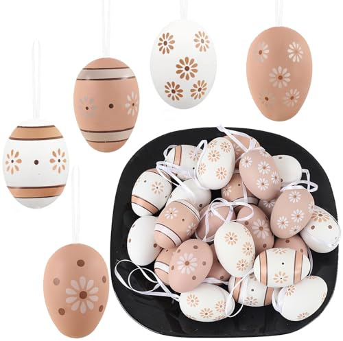 HERZONE 24 uova di Pasqua in plastica da appendere, decorazione pasquale con splendidi motivi, uova di Pasqua, fai da te, uova di plastica, dimensioni: 6 x 4 cm (marrone bianco)