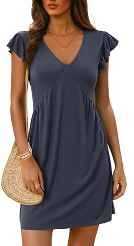 Dokotoo Women's Summer Dresses 2026 Beach Ladies Sundress Fashion Gold Empire Line Hihg Waist Ruffle Short Sleeve Deep V-Neck Solid Color Sundresses Spring Casual Womens Mini Dress S-XXL