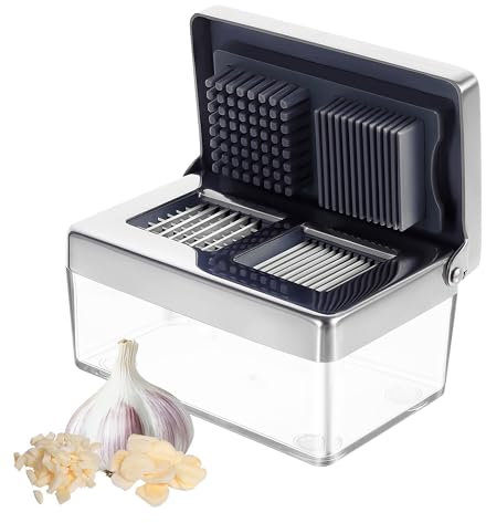 Garlic Press Stainless Steel, Garlic Chopper Mini & Slicer Super Thin 2 in 1, Odor Free Ginger Dicer with Storage Container, Dishwasher Safe Mini Chopper, Premium Mincer with 5 Year Warranty