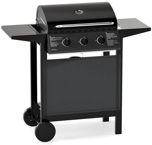 TANGZON 3 Burner Gas BBQ, 24,000 BTU Outdoor Barbecue Grill with Lid, Built-in Thermometer, Stainless Steel Grates, 2 Side Tables & Storage Shelf, Gas BBQ Trolley Family Sized Cooking Area for Camping