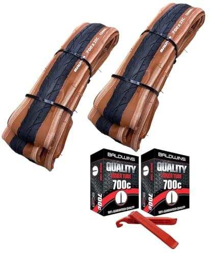 PAIR Baldys COMET 700 x 25c BROWN WALL Road Racing Bike Folding Tyres & Presta Valve Inner Tubes (25-622) (Pack of 2)