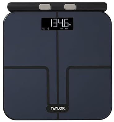 Taylor Smart Total Body Composition Scale with Precision Hub App, Retractable Handle, 11.8 x 11.8 Glass Platform, Vanishing 0.9 LED Display, 440 lb Capacity, 8 Contact Points, Black