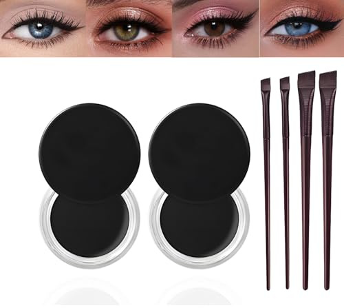 Waterproof Gel Eyeliner Pot Set with 2PCS Brushes, Long Lasting Smudge-Proof Formula, High-Intensity Pigments for Eyes and Brows, Black Eyeliner Pot for Bold Eye Makeup Looks (Black-2PCS)