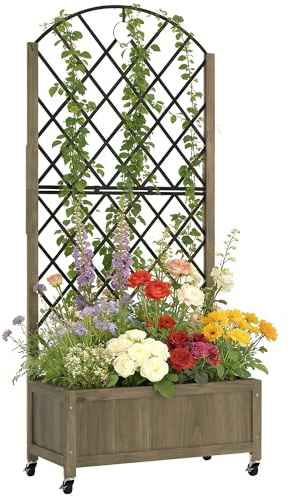 Outsunny Jardinera de Madera con Enrejado Metálico y Ruedas, Jardinera Exterior Grande para Plantas Trepadoras, Macetero Elevado para Patio, Terraza, 72x36x168 cm, Carbonizado