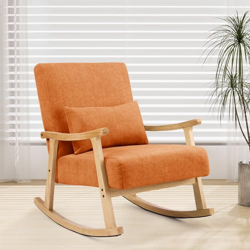 XH.Easy Go Fauteuil à Bascule, Fauteuil d'allaitement Rembourré avec Coussin Lombaire, Base en Bois Massif, Chaise à Bascule pour Salon, Chambre et Chambre de Bébé Orange
