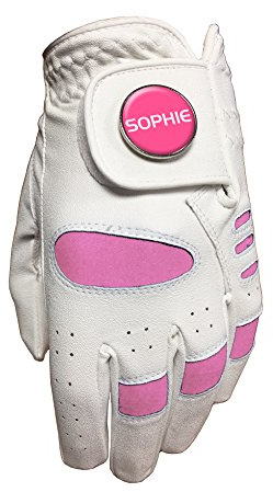 JUNIOR GIRLS PINK GOLF GLOVE. SIZE MEDIUM.  SOPHIE  CRESTED GOLF BALL MARKER. RIGHT HAND GLOVE FOR A LEFT HANDED GOLFER.