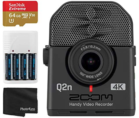 Zoom Q2n-4K Ultra High Definition Handy Video Camera Recorder for Musicians + 64GB Extreme UHS-I microSDXC Memory Card + 4 AA Batteries and Charger + Cleaning Cloth - Deluxe Video Recordering Bundle
