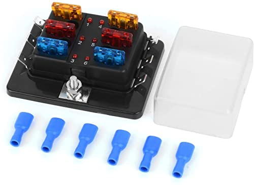 Caja de fusibles plana CC 12 ~ 32 V, bloque de fusibles con cubierta de luz LED de advertencia para coche, barco, triciclo marino con instrucciones detalladas (6 vías, fusibles y pinzas)