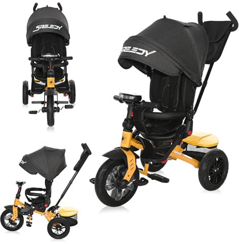 Lorelli Dreirad Speedy ab 1 Jahr mit Schubstange, Tricycle 360 drehbar, 3-Punkt-Sicherheitsgurt, Verstellbarer Elterngriff, Freilaufrad Funktion, Luftreifen, Spielzeugkorb, gelb