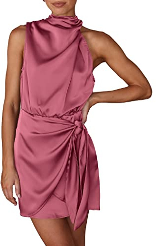 PRETTYGARDEN Women's Short Formal Satin Dress Summer Sleeveless Mock Neck Tie Waist Cocktail Party Dresses (Dusty Pink,Small)