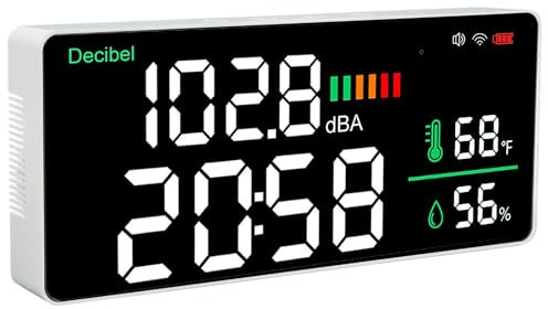 Medidor de Decibelios, Sonómetro de Pared 4 en 1, Medidor de Ruido, Tiempo, Temp y Humedad con Pantalla LED Grande de 11, Medidor de Ruido en Aulas WiFi Lector de Nivel de Sonido
