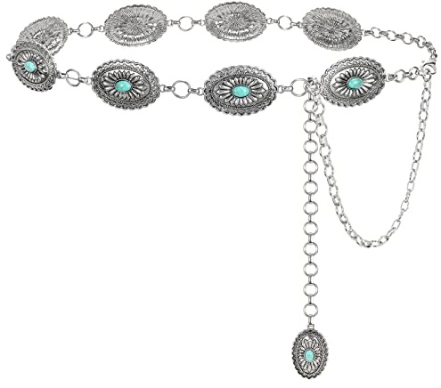 LEACOOLKEY Women Western Boho Chain Belt Country Concho Cowgirl Turquoise Chain Belt