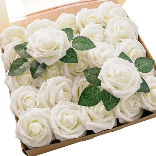 50 pezzi rose artificiali, rosa finta con foglia e gambo regolabile, fiori artificiali in schiuma realistica al tatto per bouquet da matrimonio, centrotavola da sposa, 50 pezzi bianchi