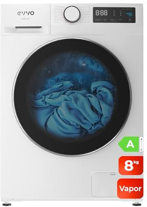 EVVO Lavadora 8kg, Vapor, Bajo consumo, Clase A, Motor Inverter, Hygiene Pro, Lavado Rápido 15', Tambor ePROTECT, Inicio Diferido, 1400 rpm, 15 programas, Carga frontal, Nature (8Kg, Blanco)
