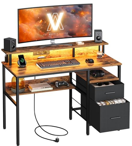 VASAGLE Computer Desk with Fabric Drawers, Study Desk with Monitor Stand, LED Lighting, 55 x 120 x 90 cm, Built-in Power Outlets, 2 USB-A Ports, for Home Office, Rustic Brown LWD093K02