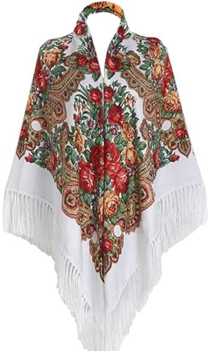 LOVNBHELP Russian Style Muffler Scarf Women's Traditional Wrap Tassel Shawl Fringes Neck Head Retro Scarf Floral Poncho Printing Shawl Easter Spring Holiday Gift White