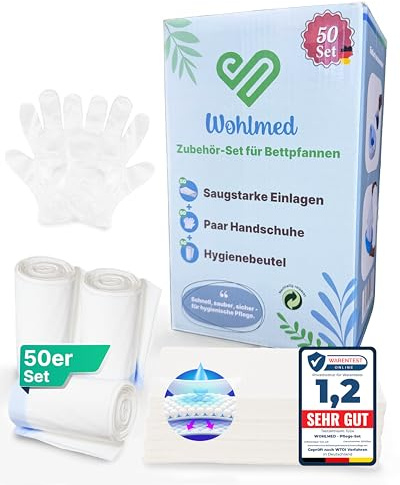 Wohlmed Set di 50 sacchetti igienici densi e inserti assorbenti, inclusi 50 paia di guanti, antistrappo e a prova di perdite, igienici e inodori, ideali per padella, secchi e campeggio