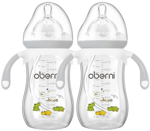 Oberni Weighted Baby Bottles with Size 4 Fast Flow Breast-Like Teat for 12 Months Plus / 1 Year Old Newborn Babies, 270ml/9oz, Non-Slip Handles, Anti-Colic, Grey/2 Pack