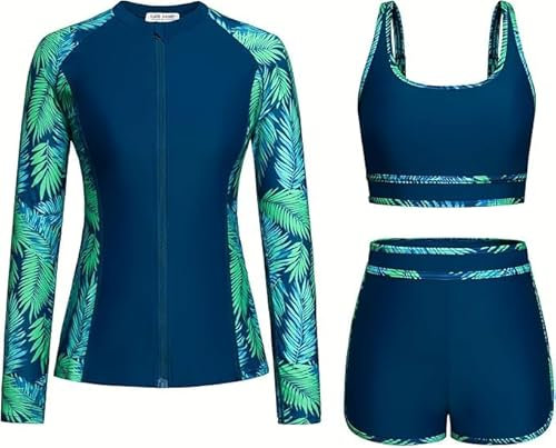 Kate Kasin Damen Schwimmanzug 3-Teilig Langarm Reißverschluss Rashguard Sport-BH Badehose Bademode Surfbekleidung UV-Schutz Pfauenblaugrünes Blatt L