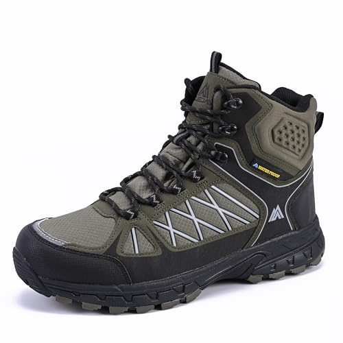Queday Men's Hiking Boots Waterproof Outdoor Lightweight Trekking Shoes Green Ankle High Boots Size 10.5