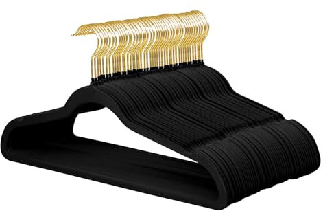 ManGotree Velvet Kleiderbügel - Rutschfeste Filzbügel, Ultraflache Platzsparende Anzugbügel mit 360 Grad Drehbarem Goldhaken, 48 Stück (Schwarz)