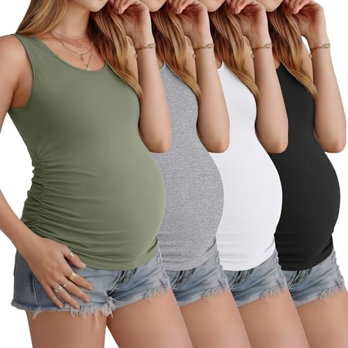 Ficerd Lot de 4 Débardeurs de Grossesse Femme sans Manches Fronces Côtés Col Rond Confort Été Casual Basiques
