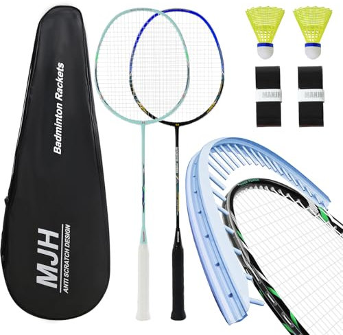 MANJHONG Badminton Set mit 2 Graphit Schläger - Kratzfestes Design - Federball Set für Erwachsene Incl. Federbälle, Griffbänder & Schlägertasche (Hellblau+Schwarz)