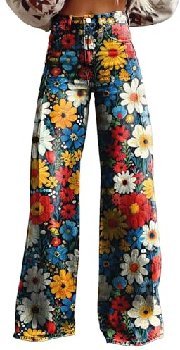 Pantalon évasé des années 70 pour femme - Style bohème des années 60 - Style hippie - Fleurs - Taille haute - Costume disco - Pantalon de yoga - Legging - Pantalon en denim - Broderie vintage - Jean