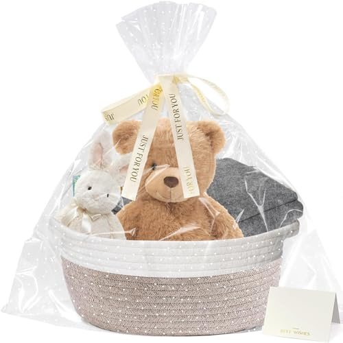 Gift Basket Empty to Fill, 1 Pc Empty Hamper Basket Cotton Rope Basket with Bags & Pull Bows, Woven Hamper Gift Basket for Baby Shower Birthday Wedding Christmas Toy Gift Filling, 30×20×13 cm, Brown