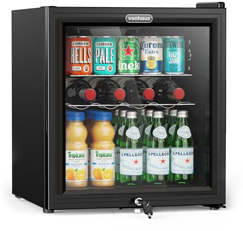 VonHaus Drinks Fridge 50L – Mini Beer & Wine Fridge with Reversible Glass Door & LED Light, Auto Defrost, 0-20°C, Lock & Keys, Table Top Drinks Refrigerator with 43L Net Capacity