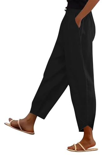 Womens Trousers Elasticated Waist,Wide Leg Cotton Linen Trousers for Womens UK 2026 Summer Fashion Lounge Pants Solid Elasticated Boho Trouser Ladies Cropped Holiday Tracksuit Bottom Joggers Black