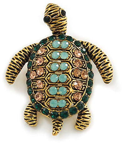 Broche tortue en cristal autrichien d'inspiration vintage en métal doré antique – 35 mm L