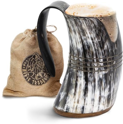 Norse Tradesman LG Viking Drinking Horn Mug - 100% Authentic Beer Horn Tankard with Hardwood Bottom and Ring Engravings | The Eternal, High Polish, Approx. 500 ml