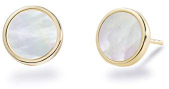 S.Leaf Minimalism Mother of Pearl Stud Earrings Sterling Silver Round Disc Stud Earrings for Women (yellow gold)