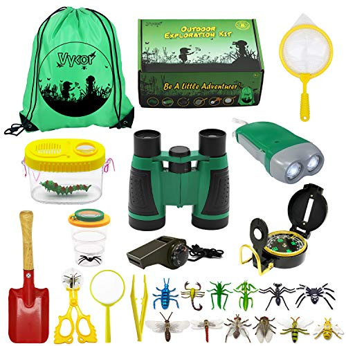 Vykor Kit de explorador al aire libre, kit de aventura para niños, juego de 25 piezas de accesorios de explorador, binoculares para niños, regalos educativos de Navidad para niños, amantes de los