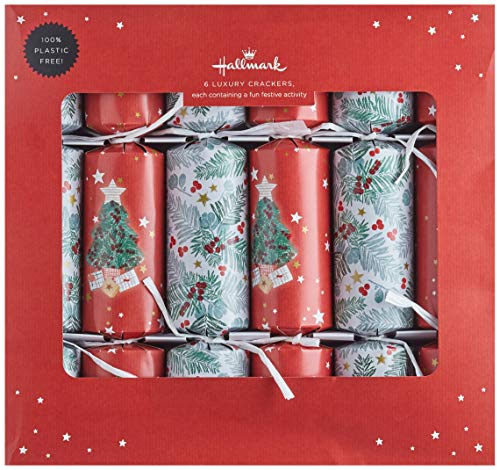 Hallmark Luxury Christmas Crackers, 2 Designs, Red White Green, 6-Pack | Tree and Foliage Designs, Recyclable, Plastic Free, Each with Joke, Snap, Hat, Gift